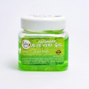 Cucumber Aloe Vera gel in clear plastic jar on white background. Ideal for skincare routines.
